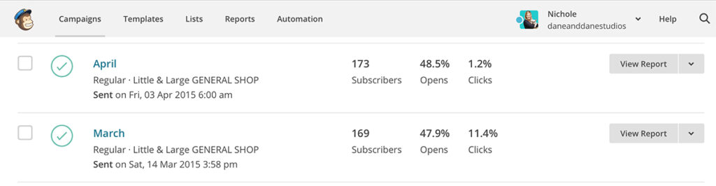 screen shot of mailchimp account